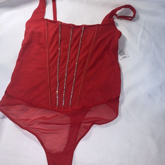 AUDEN Intimates Sheer Mesh Rhinestone Studded Thong Lingerie Bodysuit Red Size L - Picture 2 of 8